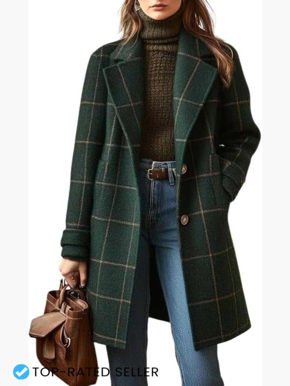 Plaid Wool Trench Coat Notched Collar Button Down Mid Long Overcoat